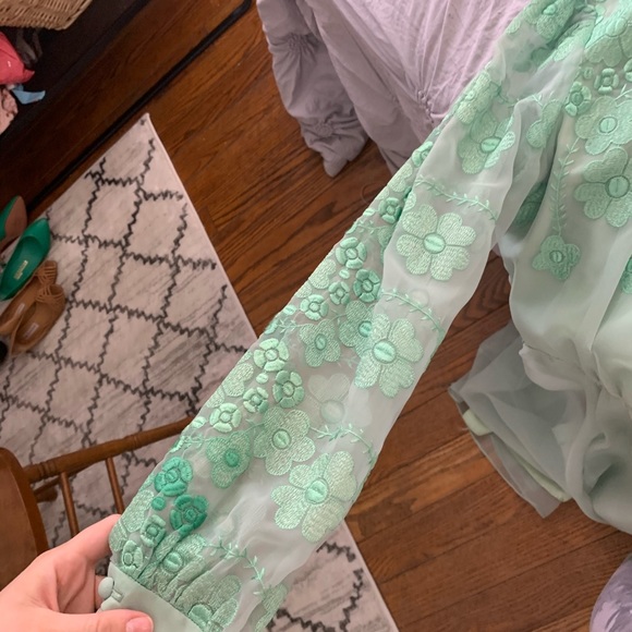 Vintage 1970s Dress Embroidered Green Mint Floral - Picture 3 of 6